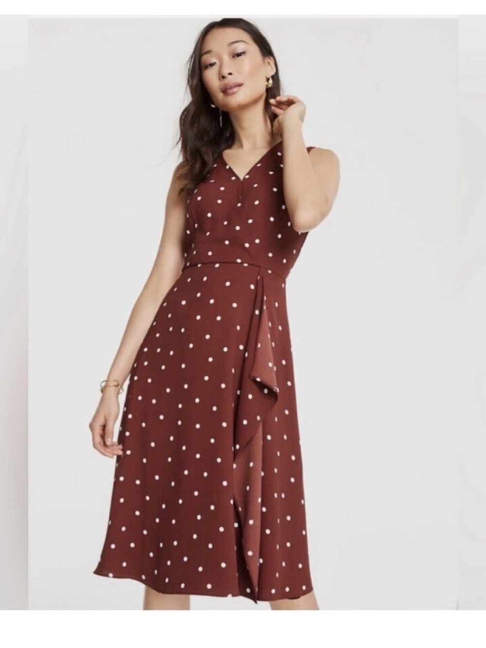 Like new Ann Taylor Polka Dot Sleeveless Wrap Midi Dress - Brown